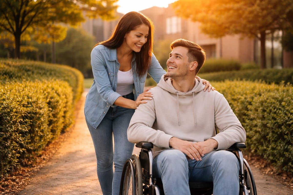 Begeleider wandelt met bewoner door de tuin